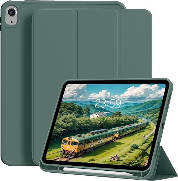 JKSML for iPad A16 11th/10th Generation Case with Pencil Holder, Dark Green | 11 Inch 2025/10.9 Inch Case 2022, Auto Wake/Sleep, Slim Trifold Stand Protective Cover with Soft TPU Back