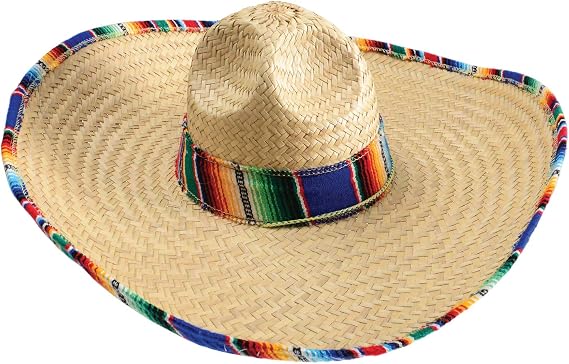 Mexican Sombrero Hat with Serape Trim, Adult Size, 21" Wide, Straw Hat for Cinco de Mayo, Serape Band, Costume Headwear