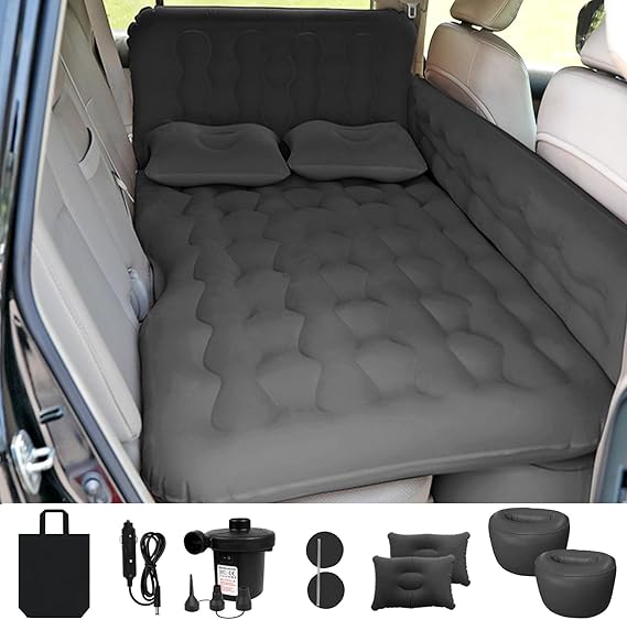 Car Bed SUV Air Mattress, Car Air Mattress with Electric Pump, 2 Inflatable Pillows and 2 Footrests for Back Seat, Side Seat,Trunk Sleeping, Thickened Camping Bed - Black