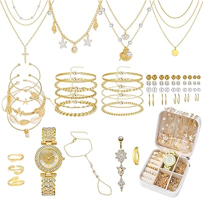 NEWITIN 69 Pieces Gold Jewelry Set for Women Jewelry Box with Gold Plated Necklace Bracelet Watch Ring Belly Button Rings Earrings Set for Women Travel Jewels Case