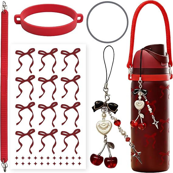 Black Cherry Owala Water Bottle Accessories Set for Owala FreeSip 24/32/40 oz - Silicone Handle Carrier with Secure Ring, Replacement Stopper & O Ring, UV Decals & Charm - Aesthetic Gift for Women