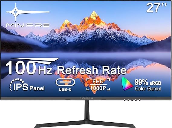 Minifire Monitor 27 Inch Screen in Frameless Design IPS 100Hz USB Tpye-C FHD (1080P) sRGB110% 300 Nits FreeSync Eye-Care HDMI USB Type-C Ports Supports VESA - Black