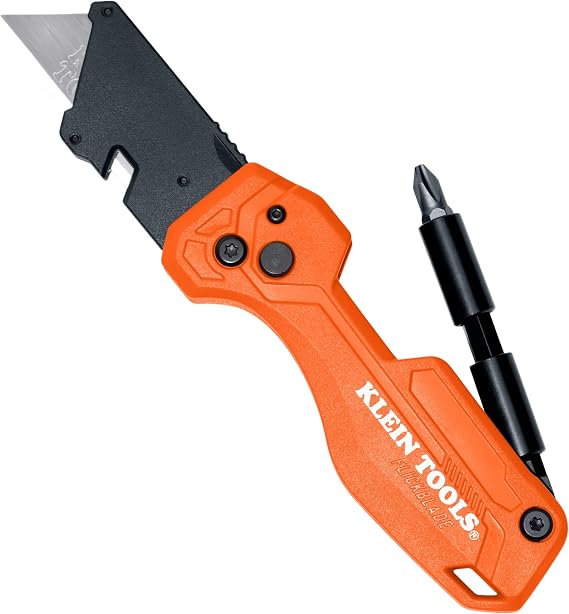 Klein Tools 44304 Folding FLICKBLADE Utility Knife, Compact, Removable Impact Driver, 1/4-Inch Nut Driver and #2 Phillips Bit