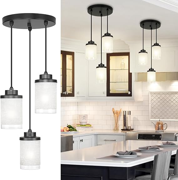 TENGXIN 3-Light Matte Black Pendant Lights Kitchen Island, Frosted Glass