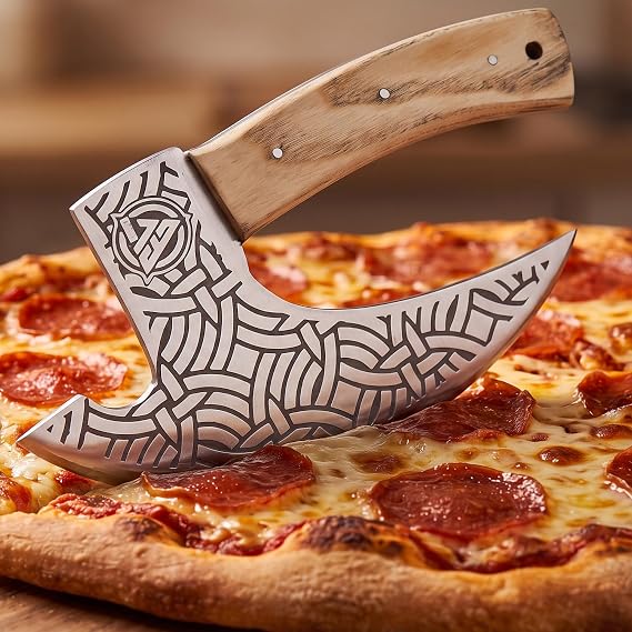 EdgeLandKnives Pizza Cutter Axe 8 inch Ulu Knife, Rocking Knife Mincing Meat Vegetable Cleaver Kitchen Knife, Rosewood Handle & Heavy Duty Viking Axe Head with Sheath, Viking Butcher Cleaver Knife