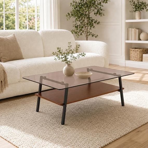 Glass Coffee Table for Living Room, Glass Coffee Table with Storage Shelf, Rectangle Coffee Tabletop with Metal Legs for Apartment, Office (1, Brown, Brown)