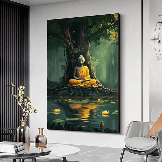 Buddha Canvas Wall Art, Buddha in the Green Jungle Painting Print Poster, Zen Statue Art Pictures Artwork, Meditation Buddhism Wall Decor for Yoga Room, Living Room (Black Framed, 15x23in|40x60cm)