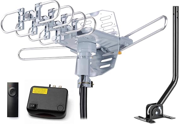 Amplified Outdoor TV Antenna with 360 Motorized Rotation, UHF/VHF Long-Range Reception, Remote Control, Mounting Pole & 40FT RG6 Cable, Dual TV Outputs, Supports 4K/1080P Smart & Older TVs