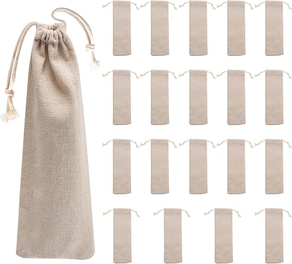 Anxingo 20 Pcs Straw Carrying Case Bag, Portable Travel Cutlery Organizer, Safe Reusable Knife and Fork Pouch, Cotton Linen Storage Bag