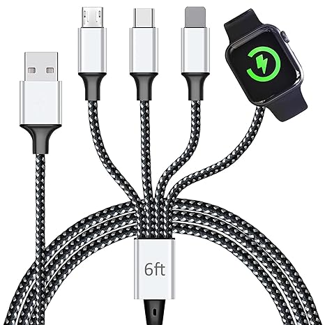 TOP-UP Multi Charging Cable for Apple Watch Charger (6FT) 4 in 1 Braided Cord for Multiple Devices, USB C/Micro/Multi Charger Compatible with iWatch Series 111, iPhone 17/16/15/14, iPad