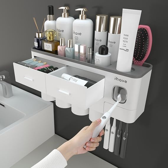 iHave Toothbrush Holders Wall Mounted with Toothpaste Dispenser & 4 Cups | All-in-One Bathroom Organizer: 4 Cups, 7 Slots, Toothpaste Dispenser, Large Tray & Drawer. Wall Mount, No Drilling Required