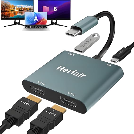 USB C to Dual HDMI Adapter 4K@30Hz, 4-in-1 USB C Hub Multiport Adapter | HDMI Splitter for 2 Monitors Extended Display with 100W PD & USB 3.0 Port, Type-C to HDMI for USB-C Devices with DP Alt Mode