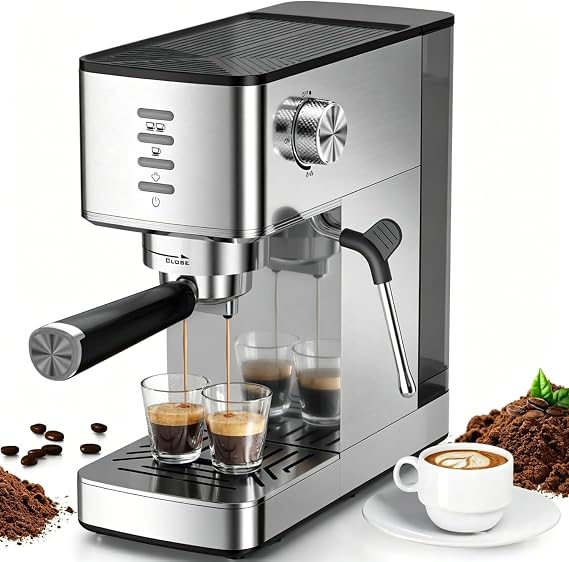 Electactic CM8032SH Essential Stainless Steel Espresso Machine with Steam Wand, Powerful 20-Bar Italian Pump, 37oz Removable Water Tank, Compact Espresso Maker for Home Baristas, Cappuccino & Latte