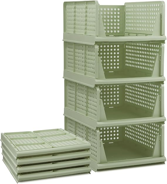 Set of 4 Stackable Foldable Wardrobe Storage Box Organizer (Easy Open and Folding), Plastic Wardrobe Shelves Closet Organiser Box, Pull Out Like a Drawer, Suitable for Home, Bedroom, Kitchen