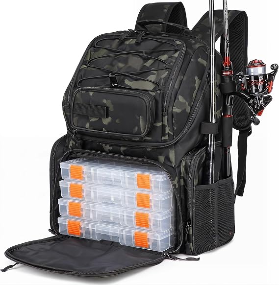 HAMBOLY 50L Fishing Backpack with Tackle Boxes, Cooler & Rod Holders | 50L Tackle Backpack | Tackle Boxes, Cooler & Rod Holders | Waterproof | for Men | Fishing Gear Bag