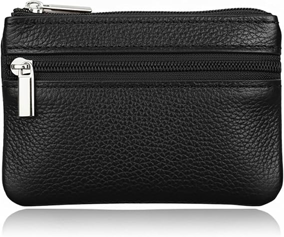 Hibate Black Small Mini Size Leather Coin Purse Change Pouch for Women Men Kids with Zip Key Ring