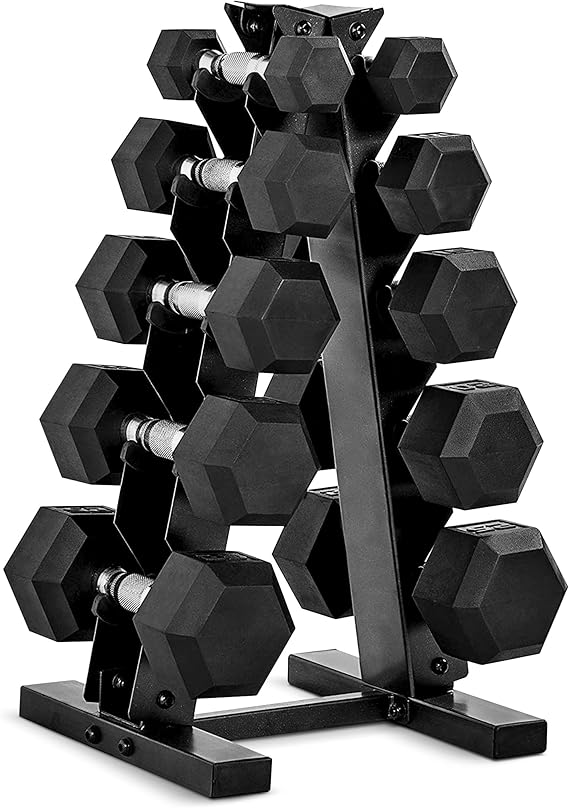 CAP Rubber Coated Hex Dumbbell Set with Storage Rack | 100210 lb Options, Space-Saving Vertical Compact Storage for Home Gym Strength Training