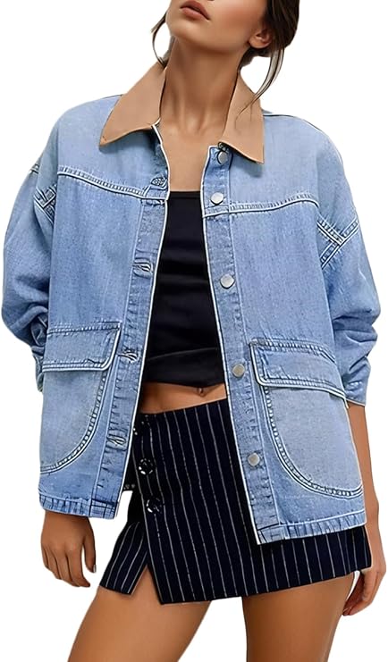 EVALESS Womens Oversized Jean Jacket Button Down Barn Jackets