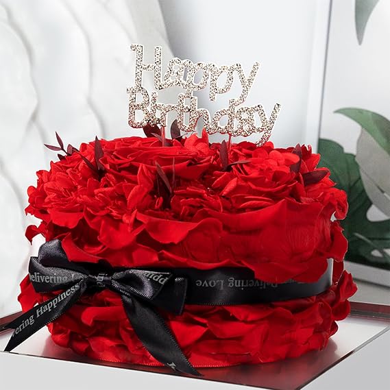 JoyFlower Birthday Cake with Preserved Flowers Gifts, Forever Red Roses Birthday Gift with Acrylic Cover, Preserved Roses Birthday Gifts for Wife Girlfriend Her Grandma Daughter Son Women on Birthday