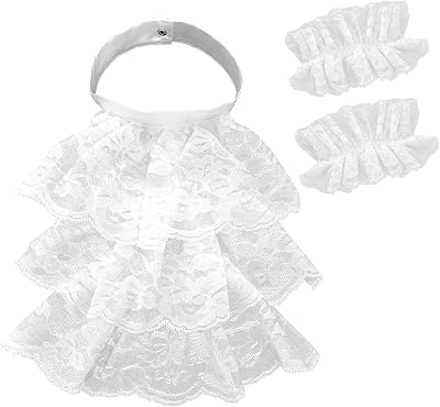 Fumwase 2PCS White Lace Neck Ruffle Collar and Cuffs Sleeves Set Costume Accessories for Women Men Halloween Cosplay Party