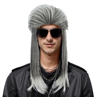 yuehong Adult Long Curly Silver Black Mullet Wig 70s 80s Disco Rock Wig Soft Breathable Heat Resistant Synthetic Fibers Costume Hair