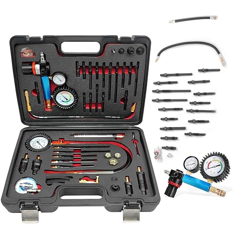 Compression and Leakage Test Kit 47PCS Petrol & Diesel Engine Compression Tester Automotive Cylinder Leak Down Tester Kit with Dual Gauge Engine Compression Tester Kit for HDi, TDCi, Pumpe Duse Engine