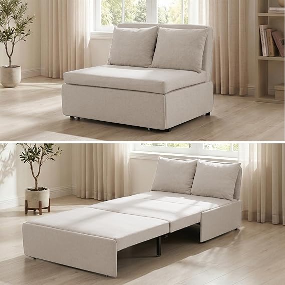 BALUS 43" W Twin Size Pull Out Sleeper Sofa Bed Couch with Pullout Beds, 2 in 1 Convertible Linen Sleepers Single Sofas Chair with Pillows and Foldable Mattress for Small Space Apartment Loft, Beige