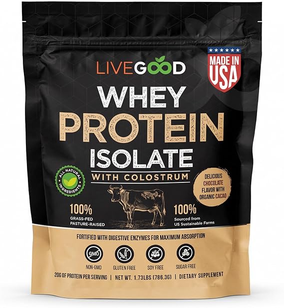 LiveGood Whey Protein Isolate with Colostrum | 20g Grass-Fed Protein with 9 Essential Amino Acids & Digestive Enzymes | Chocolate Protein Powder