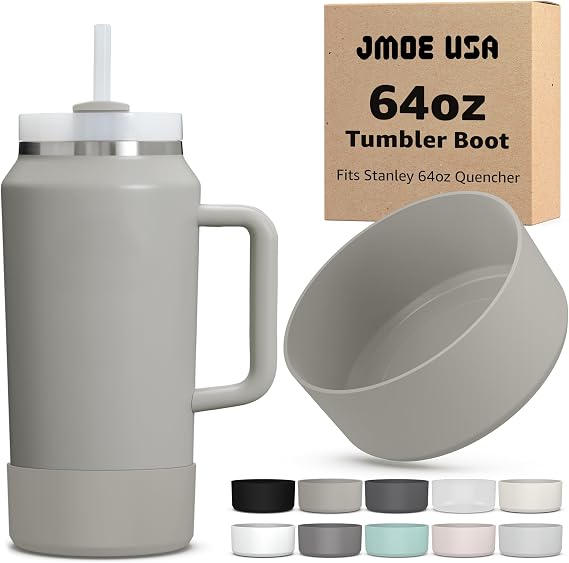 Jmoe USA Boot for 64oz Stanley Quencher H2.0 FlowState Tumbler With Handle | BPA Free Silicone | Sleeve Protector for Bottom of Cup | Protects Against Dents & Scratches (Ash)
