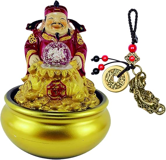 Wealth Buddha Tabletop Water Fountains Indoor Small with Lights Waterfall Indoor Fountain with Rolling Crystal Ball Feng Shui Coins Keychain for Luck Home Japanese Decor for Wealth (Style 1)...
