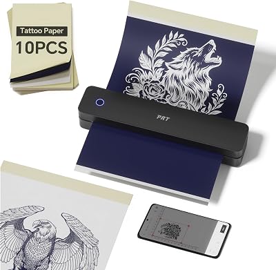 PRT Tattoo Stencil Printer Wireless with 10pcs Transfer Paper, Portable Thermal Tattoo Printers for Tattoo Artists & Beginners, Compatible with Phone& Tablet& PC, Black