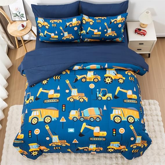 NTBED 5 Pieces Construction Truck Twin Comforter Set for Boys Kids Bed in a Bag Vehicles Excavator Lightweight Microfiber Bedding Sets,Blue