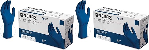 GLOVEWORKS HD Medical Blue Latex Gloves, Box of 50, 13 Mil, Size Medium, 12 Inches Long, Powder Free, Textured, Disposable, Non-Sterile, GPLHD84100BX