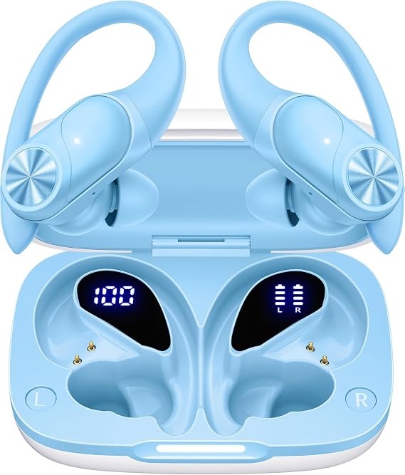 PocBuds Bluetooth Headphones Wireless Earbuds 80hrs Playtime Wireless Charging Case Digital Display Sports Ear Buds with Earhook Deep Bass IPX7 Waterproof Over-Ear Earphones for TV Phone Laptop Blue