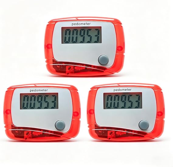 3Pcs Red Portable Counter Mini Digital LCD Pedometer Sports Walking Running Step Counter Meter Walking Distance Miles,Exercise Time, Calorie Counter, Daily Target Monitor