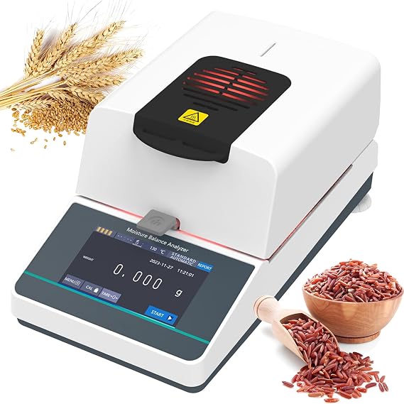 Lab Solid Halogen Moisture Analyzer 110g, High-Precision Grain Moisture Analyzer with 5in Touch Screen & RS232 Interface, 3 Ending/Drying Modes, for Agriculture, Medicines,MBA1103(HBM)(110g/0.001g)