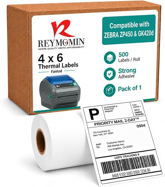 4x6 Thermal Labels for Zebra GK420d and ZP450-500/Roll - 1 Roll | Strong Adhesive - BPA Free - Waterproof