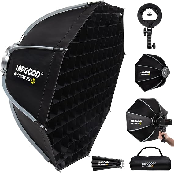 FS60 23.6in Softbox with Grid, S-Type Bracket & Bag | 60cm Octagon Bowens mount Soft box. Quick-release foldable. Honeycomb grid for light control. For studio & video