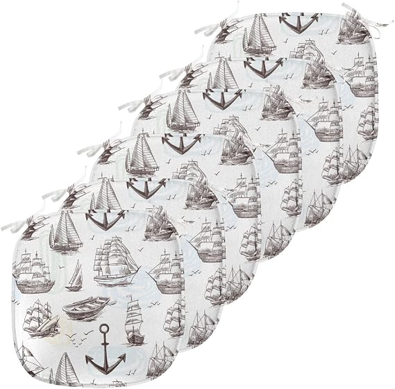 Lunarable Ship Chair Seating Cushion Set of 6, Vintage Sea Transportation Hand Drawn Ships Frigates Brigantine Clipper Yachts Birds, Anti-Slip Seat Padding for Kitchen & Patio, 16"x16", Brown White