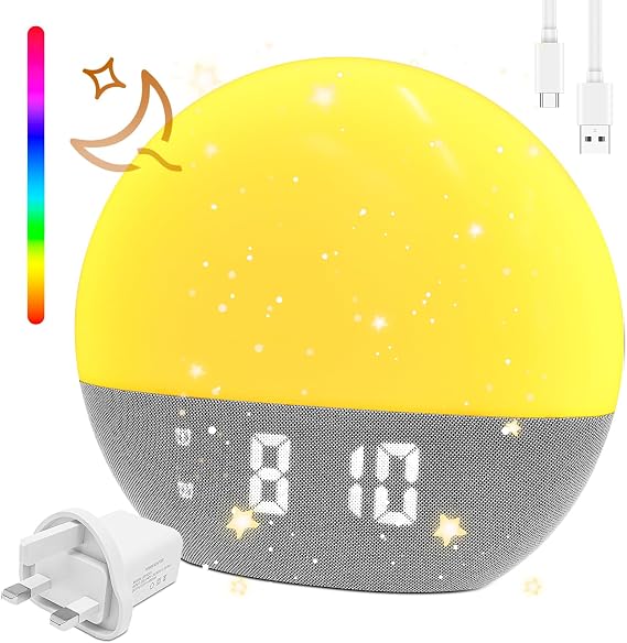 Sunrise Alarm Clock,Wake Up Light with Sunrise Sunset Simulation Dual Alarms,White Noise Machine Sleep Aid with 24 Natural Sounds, 9 Min Snooze,Type-C,FM Radio,18 Colors Night Lamp Bedside Kids Adult