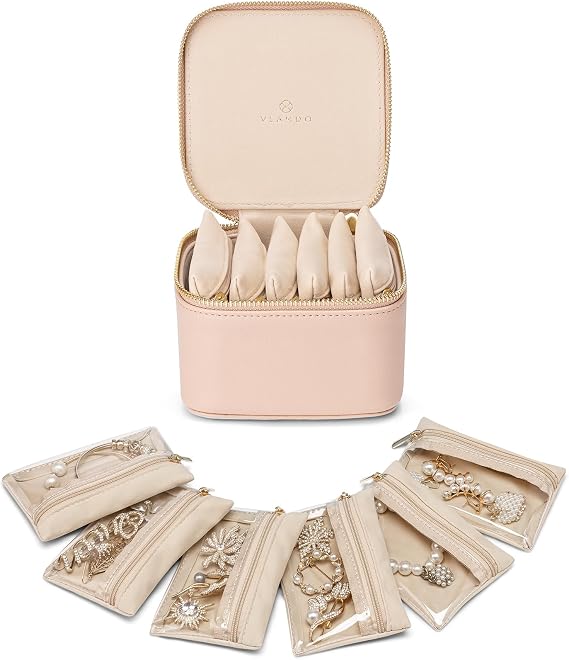VLANDO Jewelry Boxes for Women with 6 Clear Velvet Zipper Pouches,Khaki