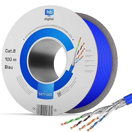 HB-DIGITAL 100 m. Cat. 8 Network Cables Installation Cable B2Ca Data Cable Inner Diameter 0.6 mm Ethernet LAN Cable up to 40 Gbit/s Copper S/FTP max. 2000 MHz PIMF LSZH Halogen-Free AWG 22/1 Blue