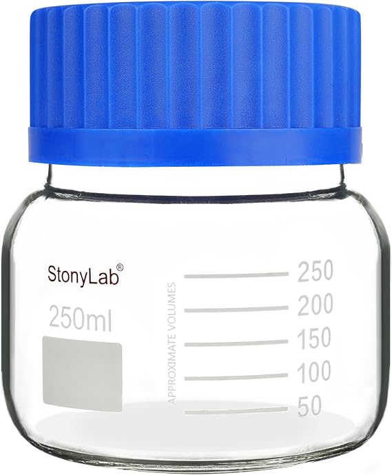stonylab Graduated Storage Bottle, Premium Glass Round Reagent Bottle with GL80 Screw Cap, High Transparency Wide Mouth Media with Clear Scale, for Laboratory Use, 250 ml