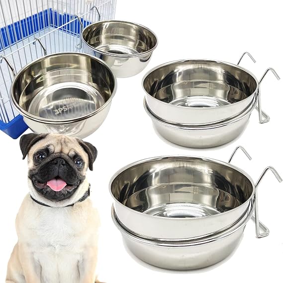 2 x Dog Cage Bowl Stainless Steel with Hooks Food Container 4 Sizes Hanging Food Bowl for Birds Parrot Small Dog BPS-11132x2