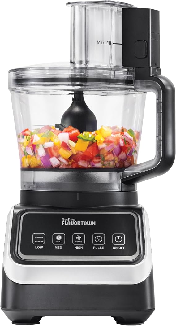 Guy Fieri's Flavortown Food Processor 4-Speed Control with Easyfeed Chute, 750W Motor, 8-Cup Bowl, Vegetable Chopper, Mixer, Smoothie Maker, Dough Kneader, Baby Food & Meal Prep, Black
