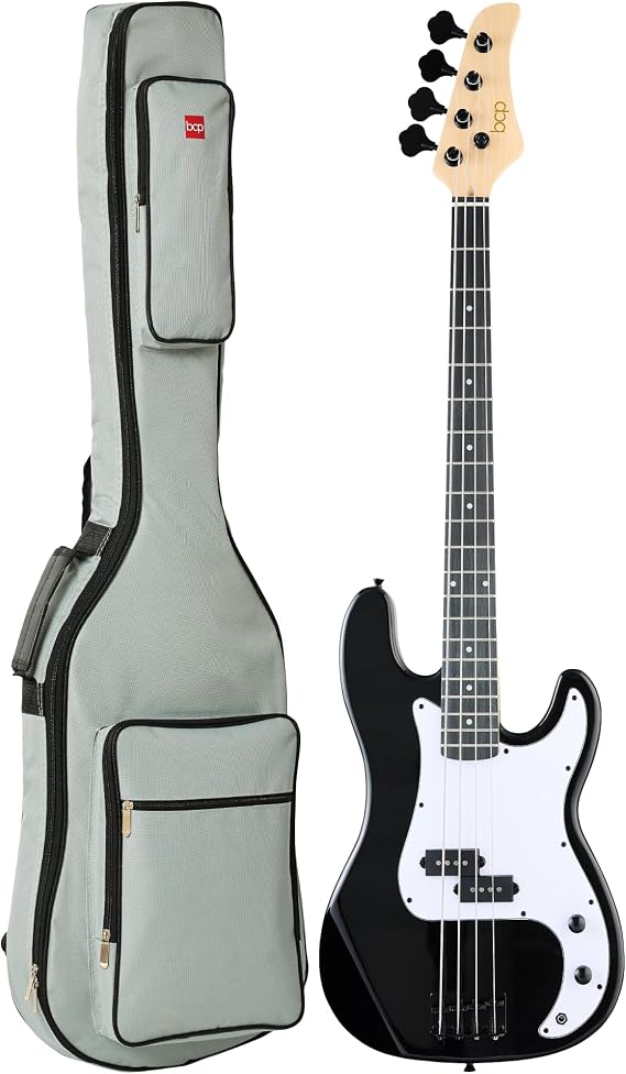 Best Choice Products Full Size Beginner 4-String Electric Bass Guitar, Wooden PB-Style Bass Starter Set w/Padded Carrying Case - Black/White
