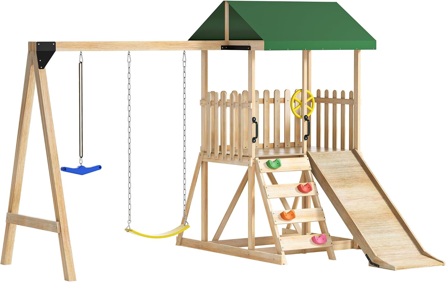 Wooden Swing Set for Backyard, All-in-One Kids Outdoor Play Equipment with Twist Swing, Slide, Rock Climbing Wall, Sandbox Area, Steering Wheel, Outdoor Playset for Kids & Toddlers