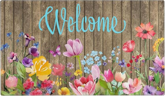 Welcome Mat Outdoor Indoor Front Door Mats 30"x17", Washable Non Slip Rubber Back Doormat for Outside Inside Home Entrance, Spring Summer Wood Watercolor Floral Porch Rug for Entry Farmhouse Decor