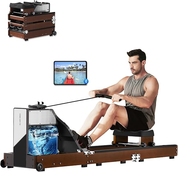 Rowing Machine for Home Gym, Water Resistance Rower Machine,Triple Folding Rowing Machine with LED Monitor, App Compatible Walnut