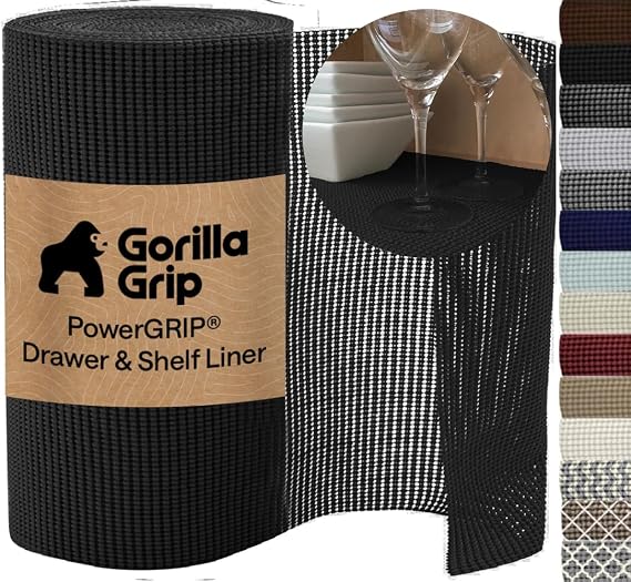 GORILLA GRIP powerGRIP Drawer Shelf and Cabinet Liner, Thick Strong Hold, Non-Adhesive Liners Protect Kitchen Cabinets and Cupboard, Bathroom Drawers, Easy Install, Breathable Mat, 17.5" x20', Black